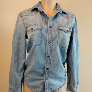 Mossimo Supply Co. Light Blue Denim Shirt with Red Logo Tag